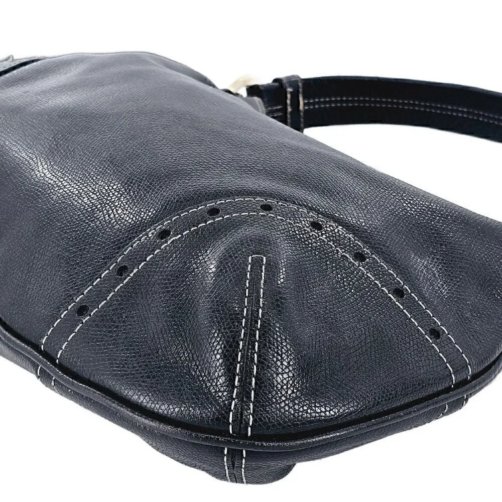 TALBOTS Black Glazed Textured Leather Hobo Shoulder Bag Silver Hardware Tassel